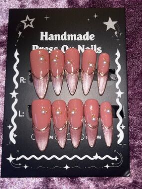 Pink Acrylic Press-On Nails with Gold Accent -